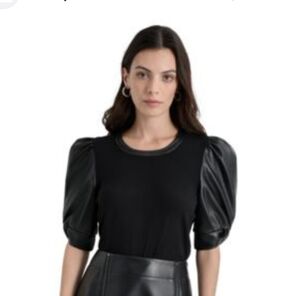 NWOT DKNY Faux Leather Puffy Sleeve Jersey Top